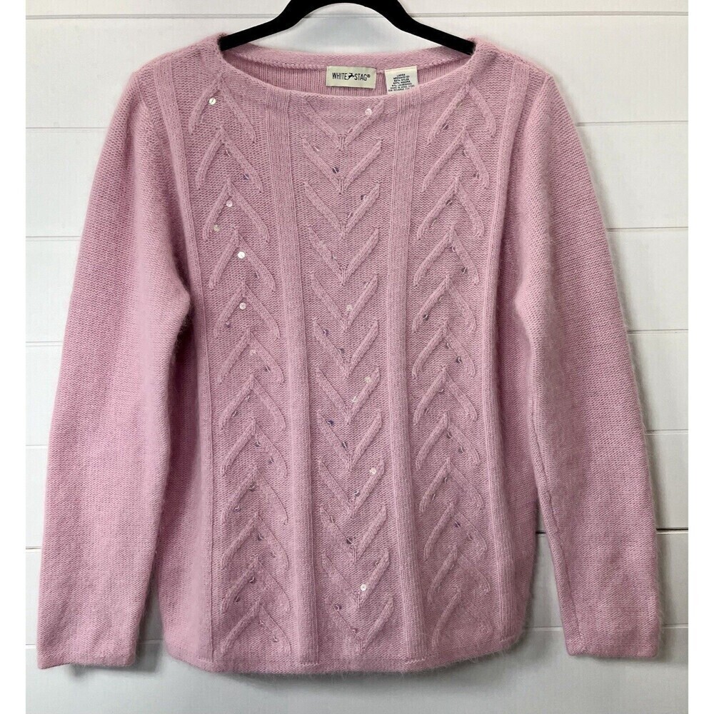Vintage White Stag Womens 40% Angora Pink Sequin Mob Wife 50s Style Med Sweater